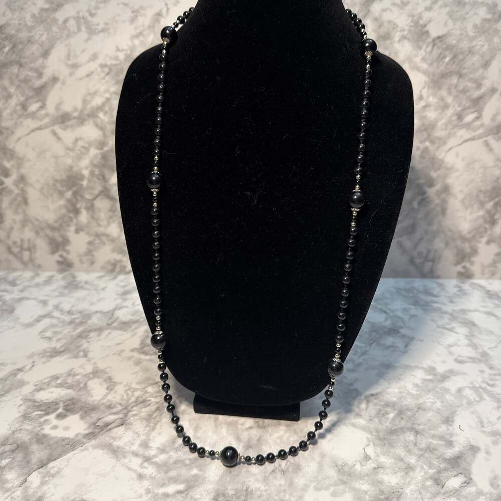 Vintage Black Beaded Long Strand Necklace Silver Accents Flapper Style